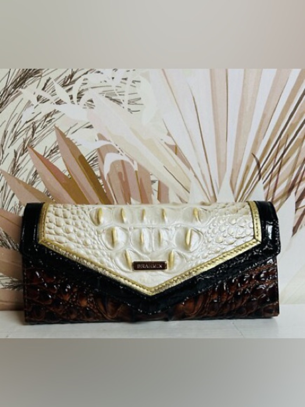NWT Brahmin Ivory, Black and Brown Croc-Embossed Leather Wristlet Clutch